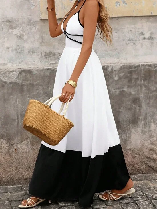 Black And White Casual Women's Vacation Deep V-Neck Contrast Color Maxi Dress - Picture 5 of 7